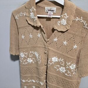 Worthington Beige Knit Cardigan with Ivory Floral Details